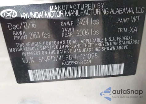 2017 Hyundai Elantra Se from USA, damaged, VIN 5NPD74LF8HH171095